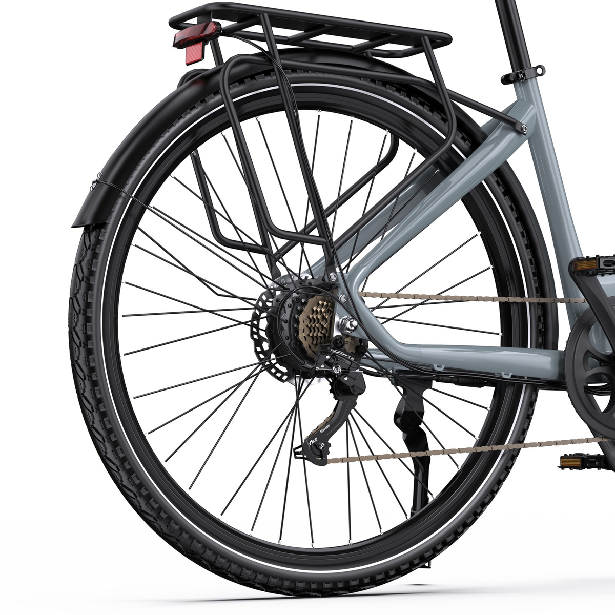 OneSport OT05 Max rear wheel in side view with rear rack, mudguard, cassette and kickstand
