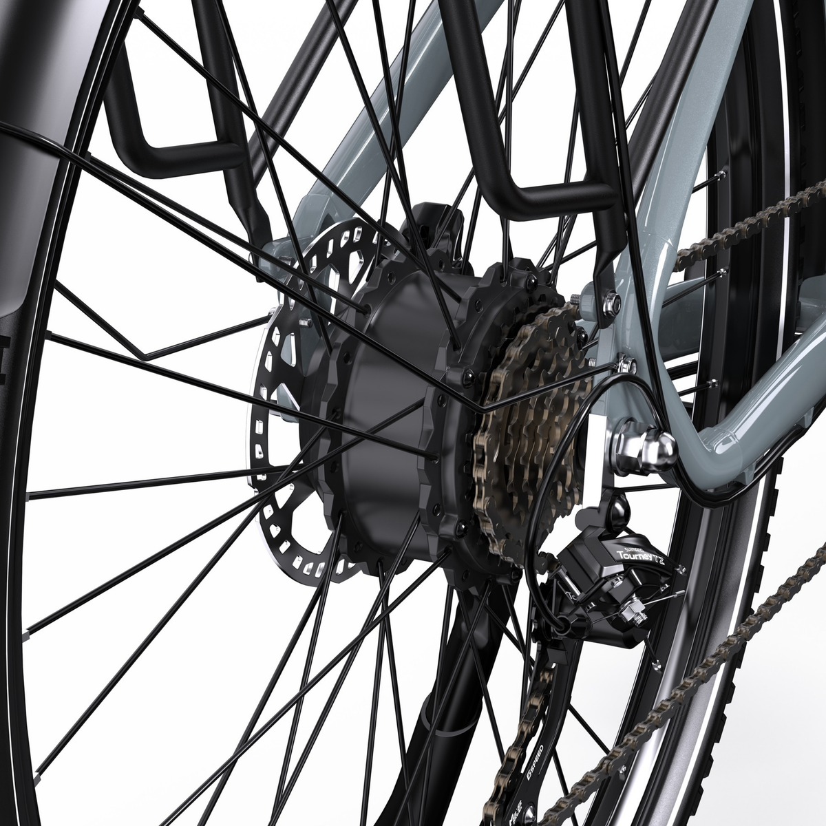 OneSport OT05 Max close-up of rear wheel hub with brake disc, cassette, chain and derailleur