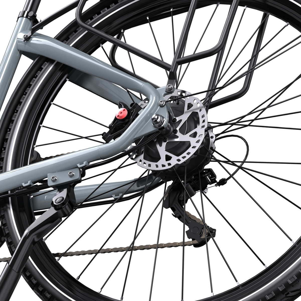OneSport OT05 Max close-up of rear wheel disc brake, chain and rear derailleur
