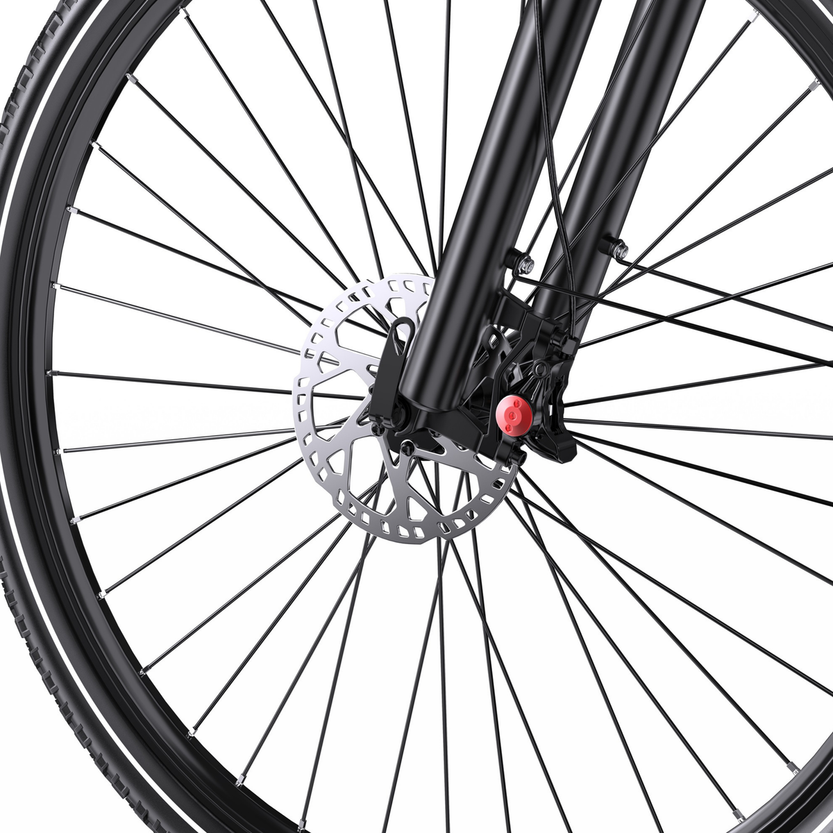 OneSport OT05 Max close-up of front wheel with disc brake and front fork