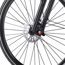 OneSport OT05 Max close-up of front wheel with disc brake and front fork