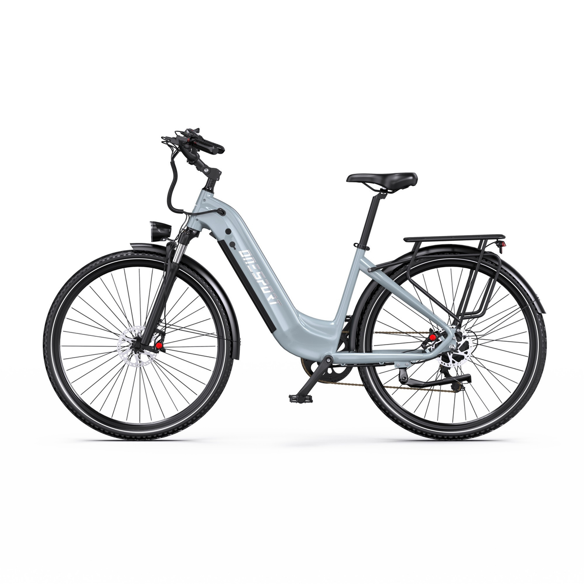 OneSport OT05 Max grey electric bicycle with low step-through frame, seen straight from the side