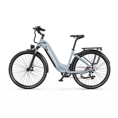 OneSport OT05 Max grey electric bicycle with low step-through frame, seen straight from the side