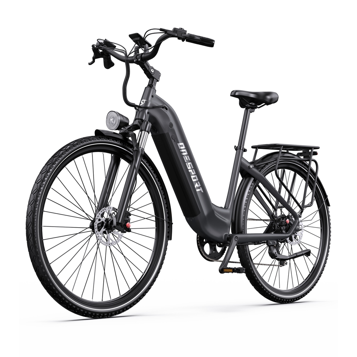 OneSport OT05 Max electric bicycle in front three-quarter view with low step-through frame, front light and rear rack