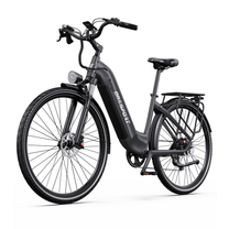 OneSport OT05 Max electric bicycle in front three-quarter view with low step-through frame, front light and rear rack