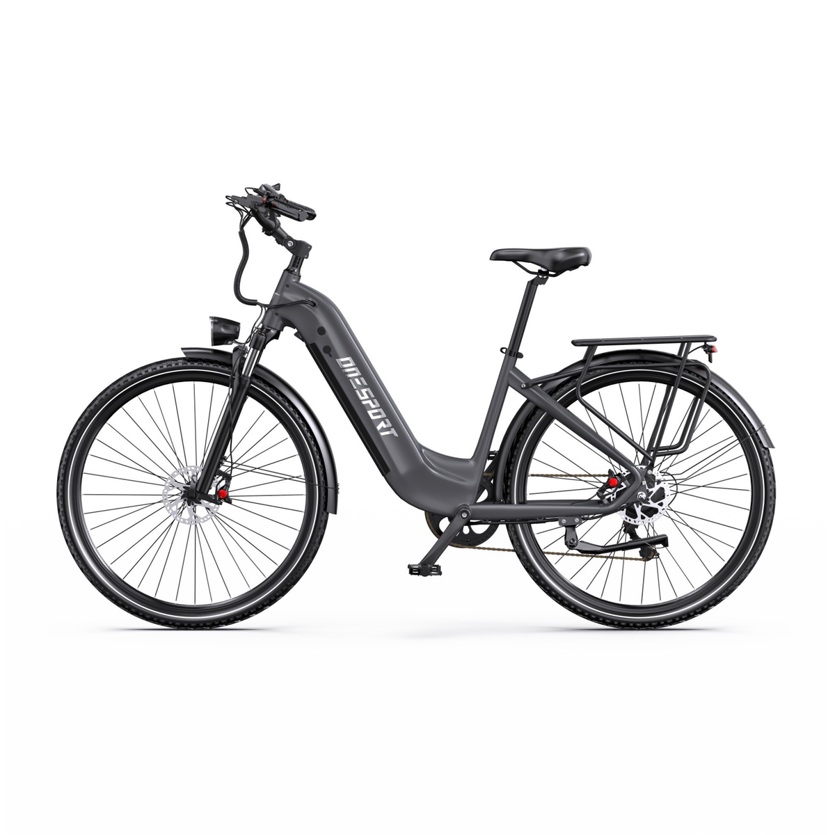 OneSport OT05 Max grey electric bicycle with low step-through frame in left side view, with rear rack and mudguards