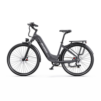 OneSport OT05 Max grey electric bicycle with low step-through frame in left side view, with rear rack and mudguards