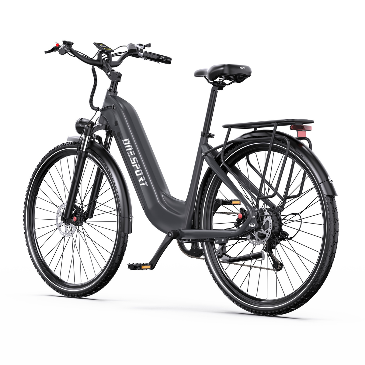 OneSport OT05 Max grey electric bicycle in front three-quarter view with handlebar, display, saddle and rear rack