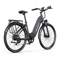 OneSport OT05 Max grey electric bicycle from the rear three-quarter view with rear rack, rear light and chain