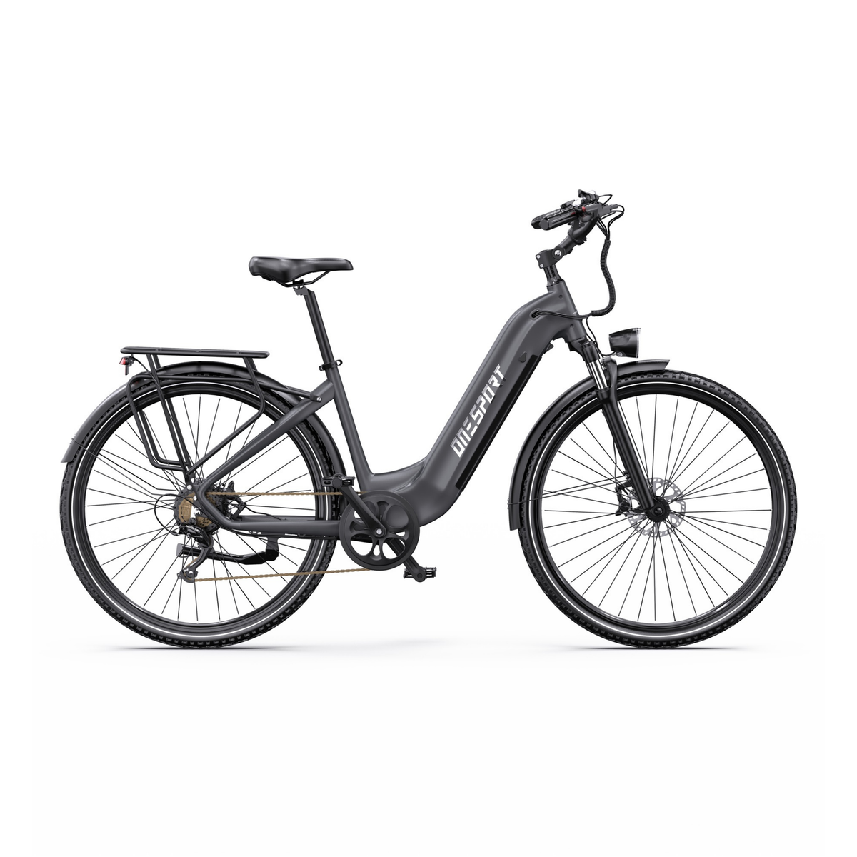 OneSport OT05 Max grey electric bicycle with low step-through frame in right side view, with rear rack and mudguards