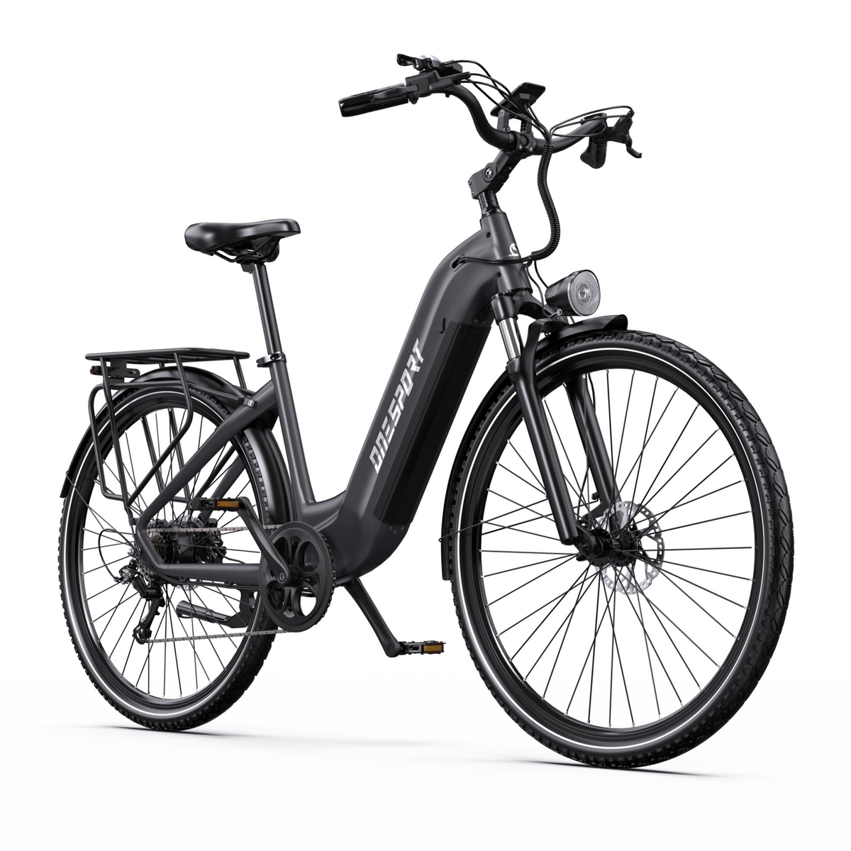 OneSport OT05 Max black electric bicycle, front three-quarter view with low step-through frame, rear rack and front fork