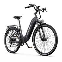 OneSport OT05 Max black electric bicycle, front three-quarter view with low step-through frame, rear rack and front fork