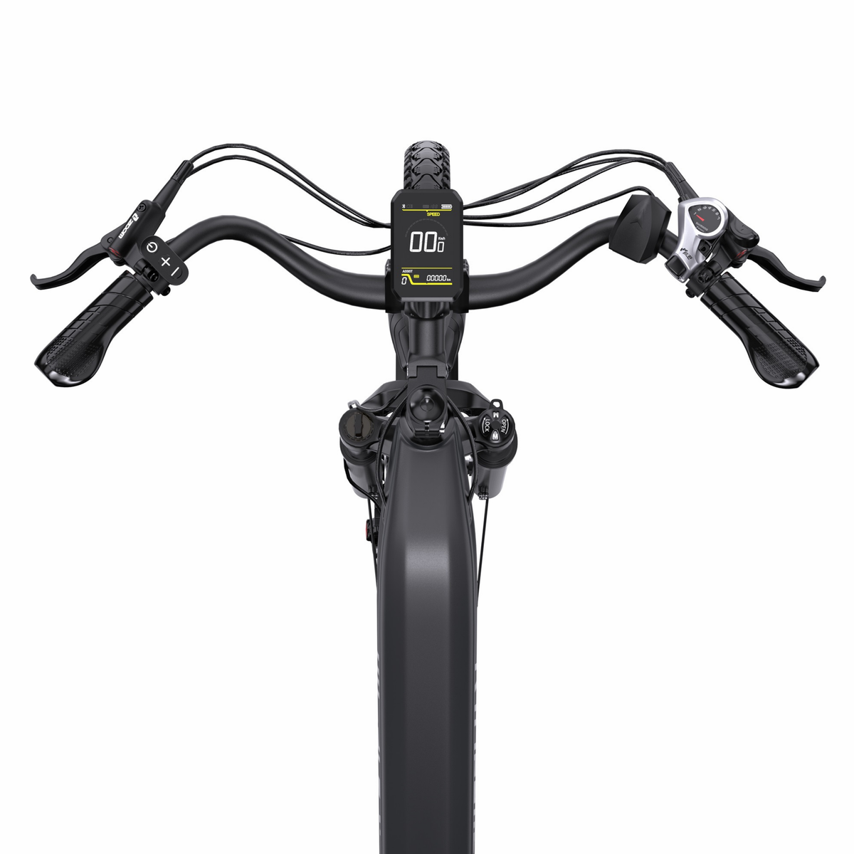 OneSport OT05 Max handlebar from above with display, brake levers, gear shifter and ergonomic grips