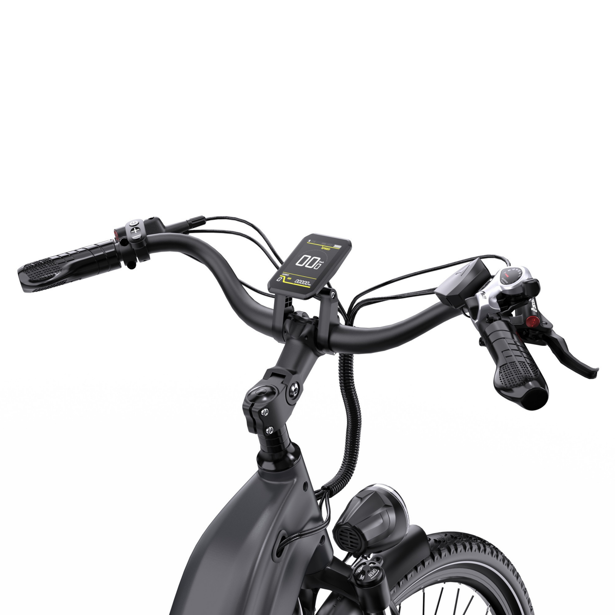 OneSport OT05 Max close-up of handlebar with display, stem and front light