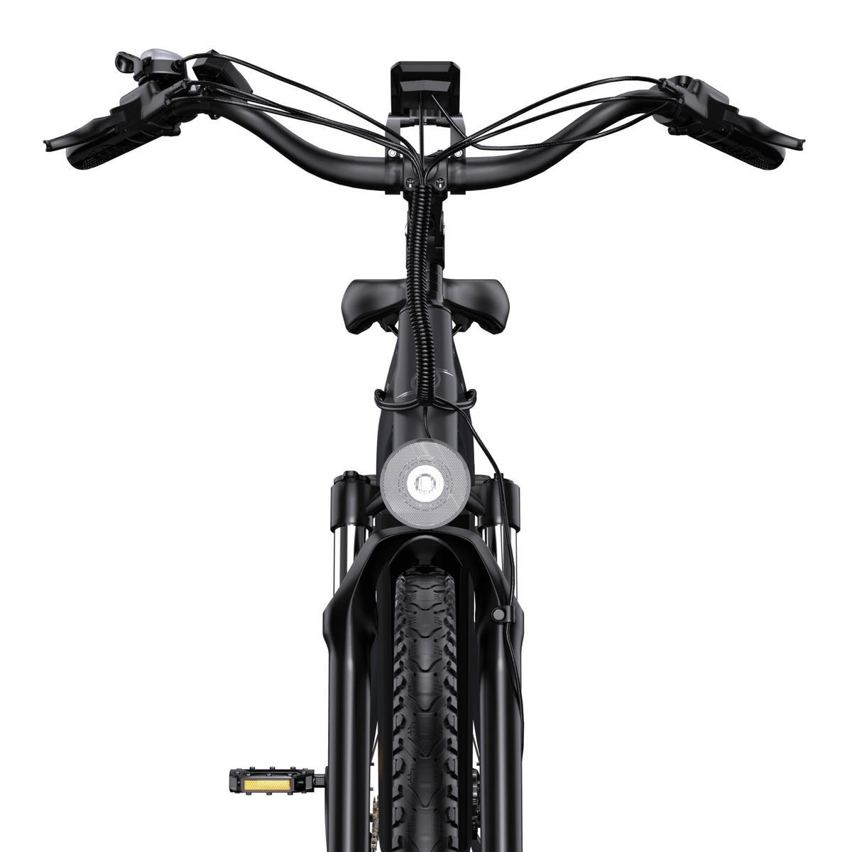 OneSport OT05 Max from the front with handlebar, display, front light, front fork and front tyre