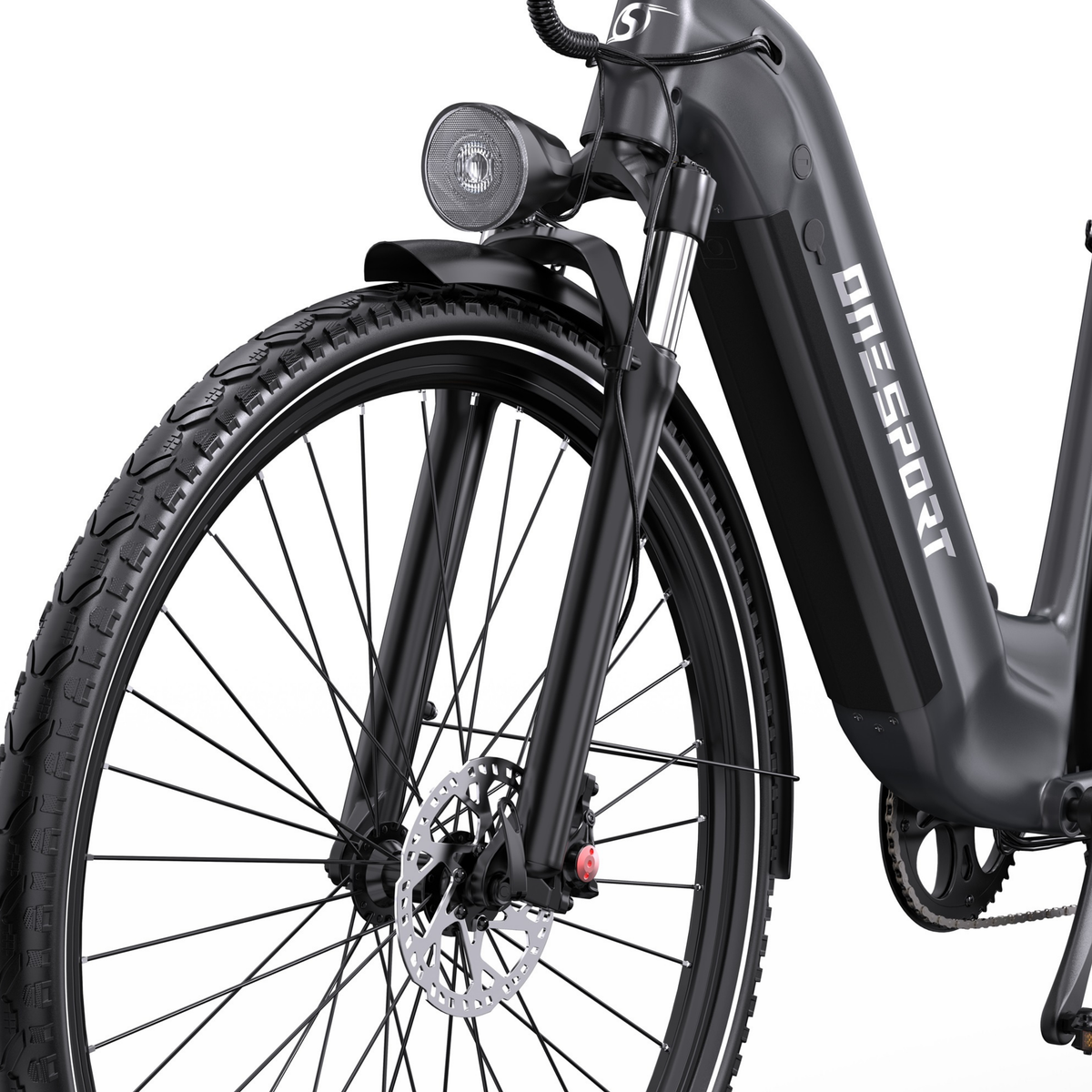 OneSport OT05 Max close-up of front wheel, front fork, front light and mudguard