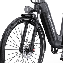 OneSport OT05 Max close-up of front wheel, front fork, front light and mudguard