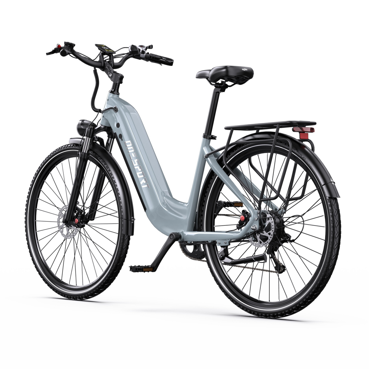 OneSport OT05 Max grey electric bicycle from the rear three-quarter view with rear rack, rear light and saddle