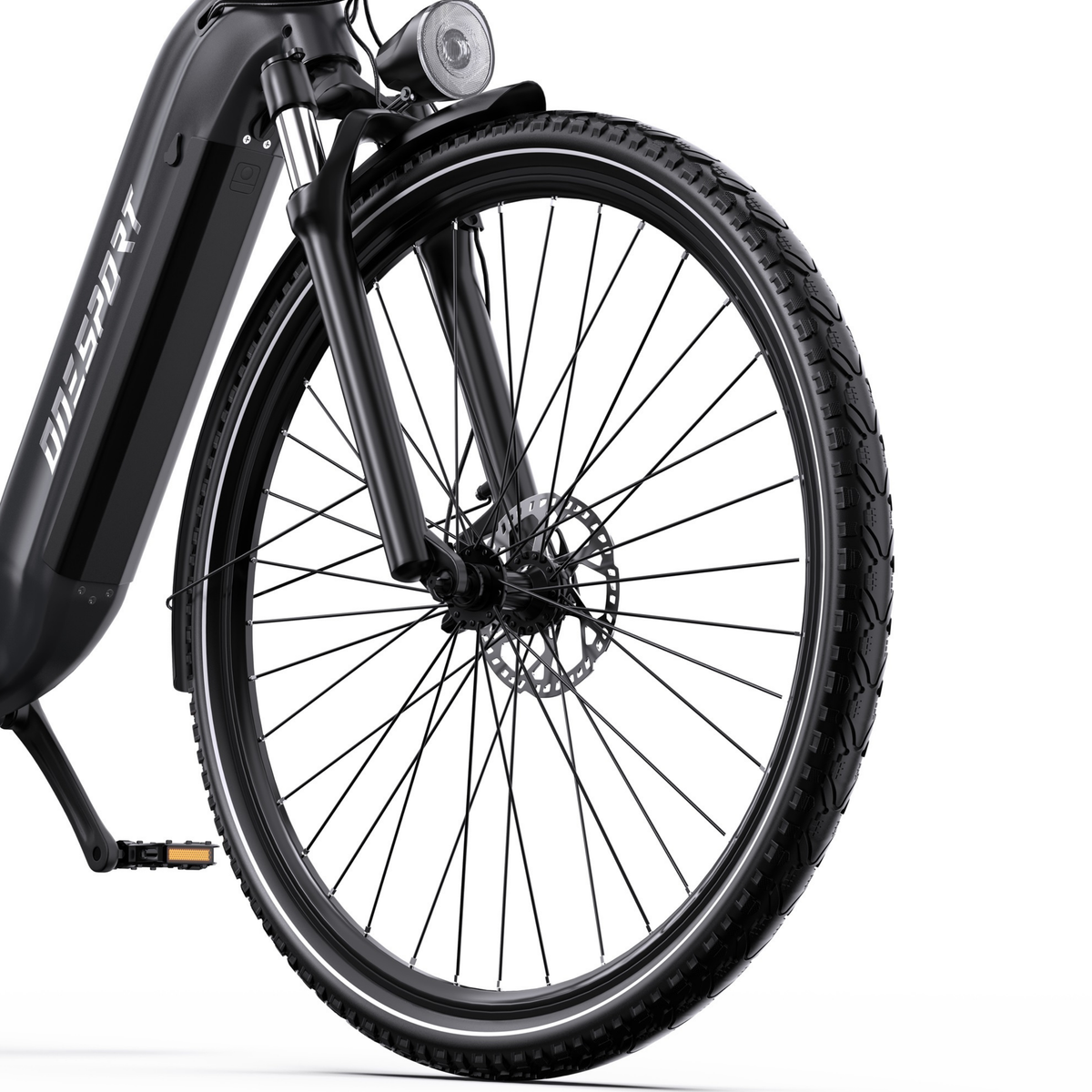 OneSport OT05 Max front wheel with disc brake, fork and mudguard from the side