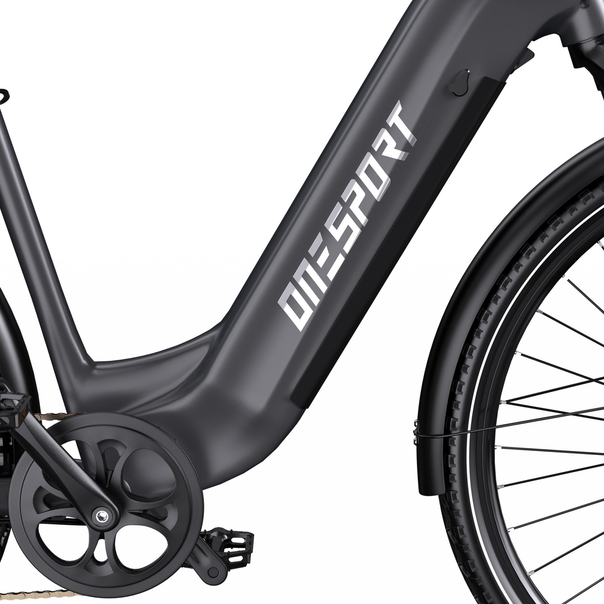 OneSport OT05 Max close-up of frame, crank area, pedal and part of the front wheel