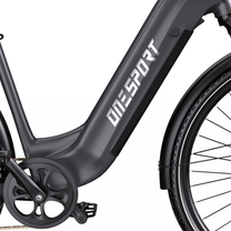 OneSport OT05 Max close-up of frame, crank area, pedal and part of the front wheel