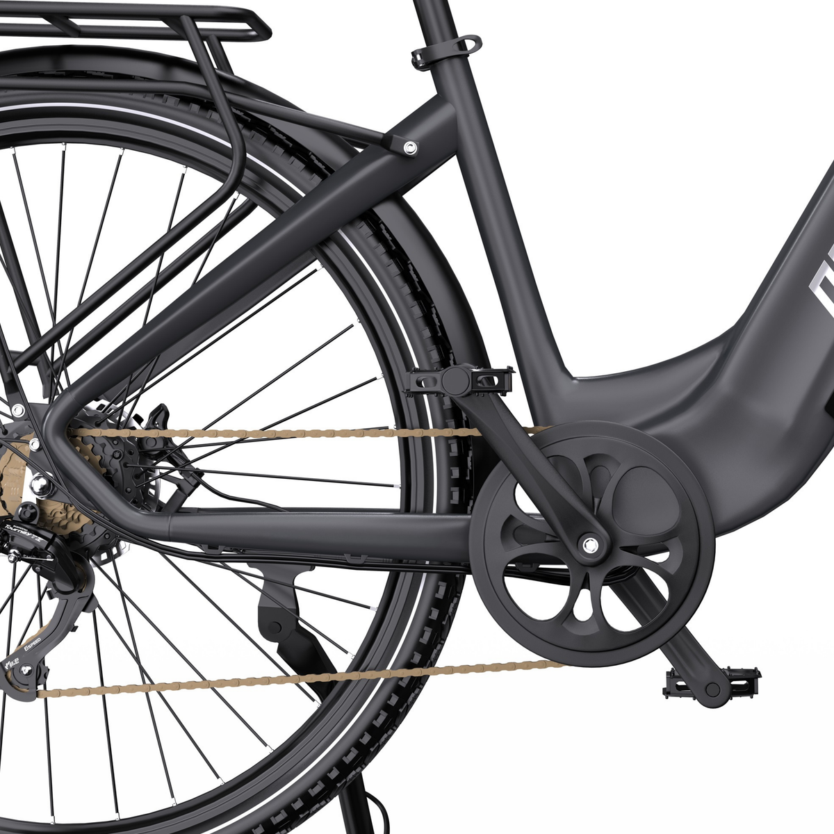 OneSport OT05 Max close-up of rear wheel, frame, rear rack, crank and chain