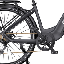OneSport OT05 Max close-up of rear wheel, frame, rear rack, crank and chain
