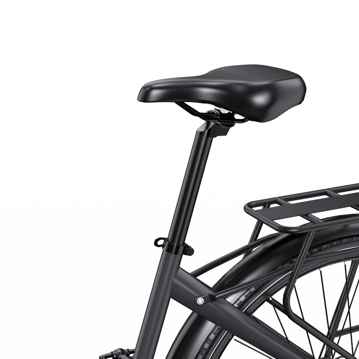 OneSport OT05 Max close-up of black saddle, seatpost and rear rack from behind