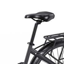 OneSport OT05 Max close-up of black saddle, seatpost and rear rack from behind