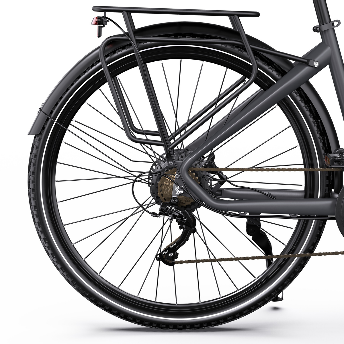 OneSport OT05 Max side view of rear wheel with rear rack, mudguard, chain and rear derailleur