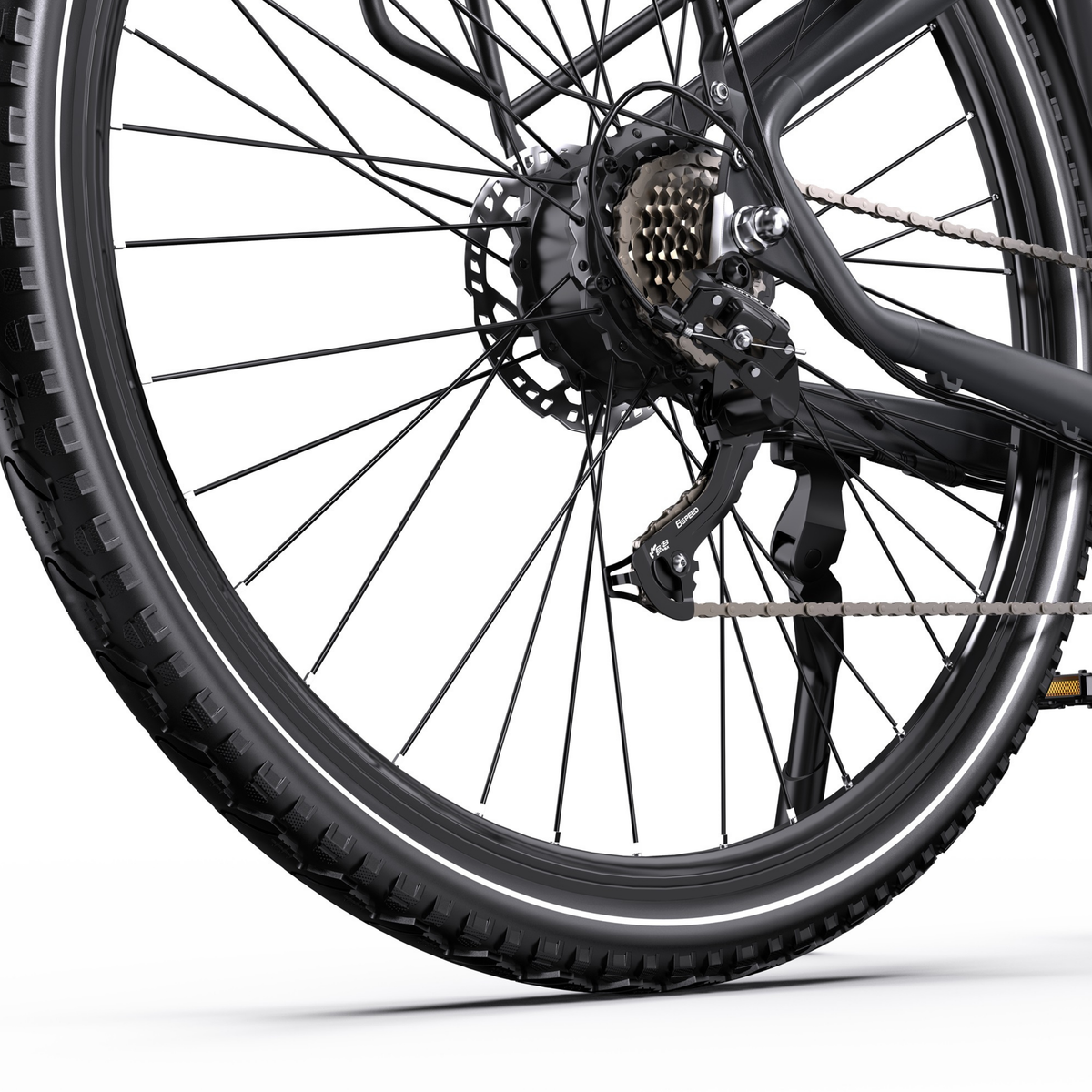 OneSport OT05 Max close-up of rear wheel with cassette, rear derailleur, chain and kickstand