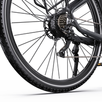 OneSport OT05 Max close-up of rear wheel with cassette, rear derailleur, chain and kickstand