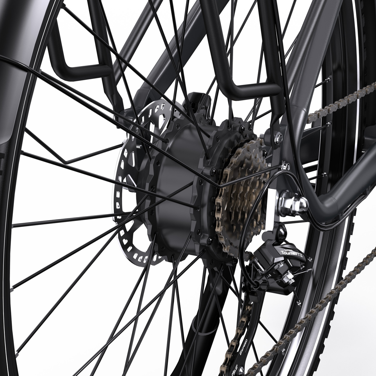 OneSport OT05 Max close-up of rear wheel hub with brake disc, cassette and rear derailleur