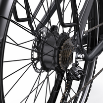 OneSport OT05 Max close-up of rear wheel hub with brake disc, cassette and rear derailleur
