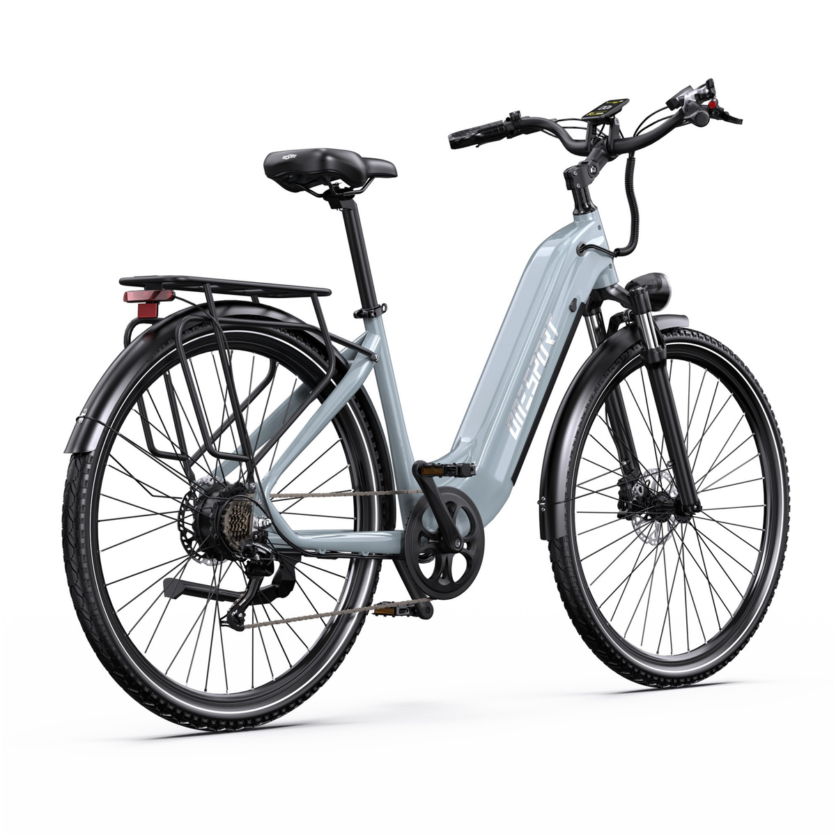 OneSport OT05 Max grey electric bicycle from the right rear three-quarter view with chain, rear rack and display on the handlebar