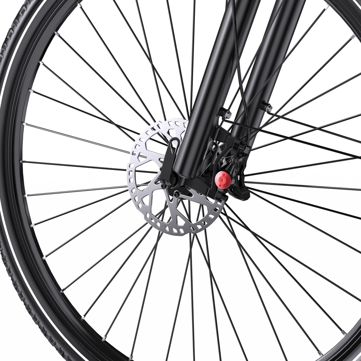OneSport OT05 Max close-up of front wheel with front fork, brake disc and brake caliper