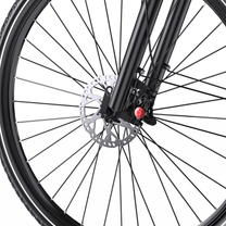 OneSport OT05 Max close-up of front wheel with front fork, brake disc and brake caliper