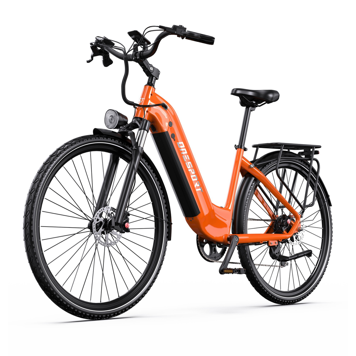 OneSport OT05 Max orange electric bicycle with low step-through frame, front three-quarter view