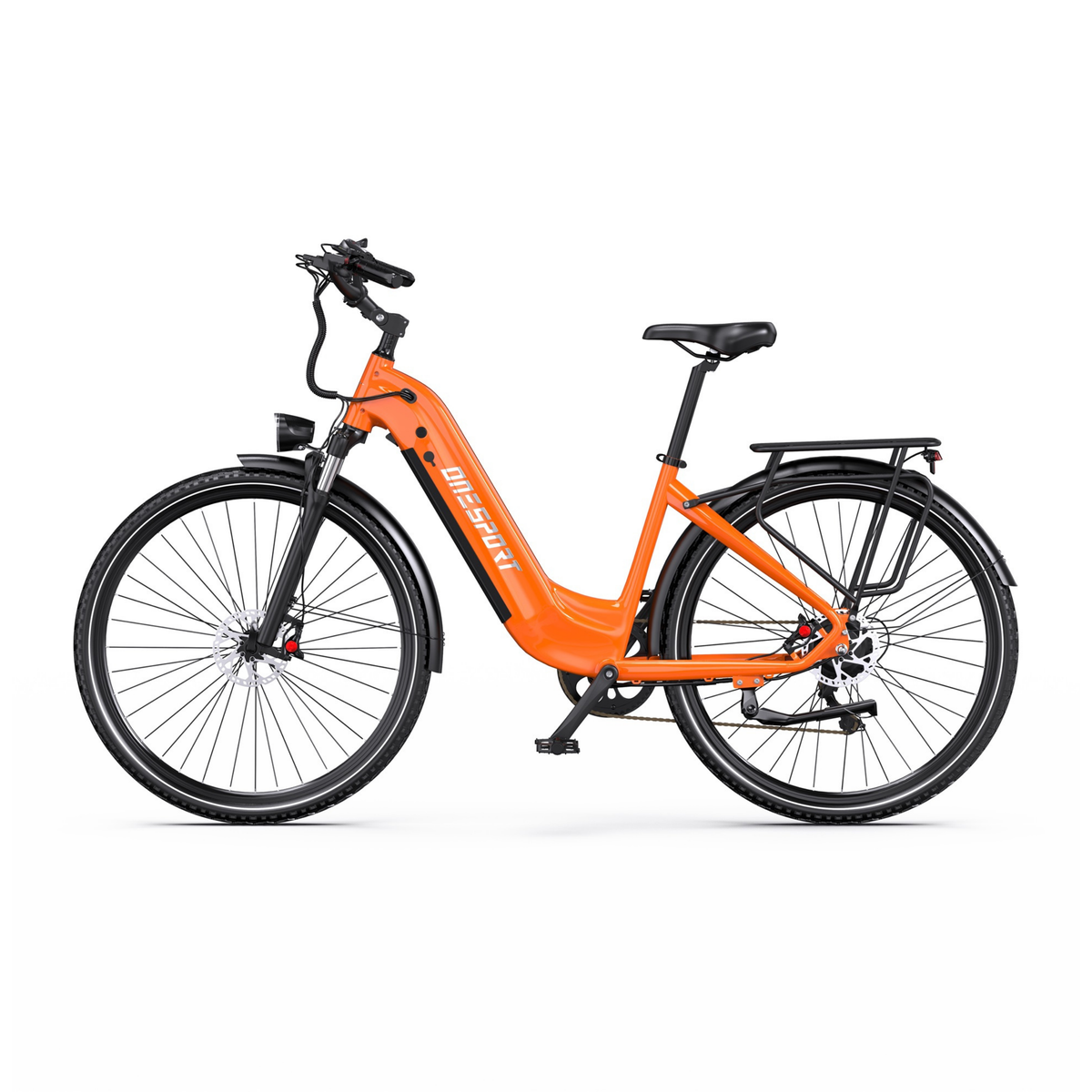 OneSport OT05 Max orange electric bicycle with low step-through frame, side view