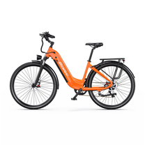 OneSport OT05 Max orange electric bicycle with low step-through frame, side view