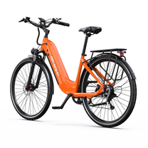 OneSport OT05 Max orange electric bicycle, rear three-quarter view with rear rack and rear light