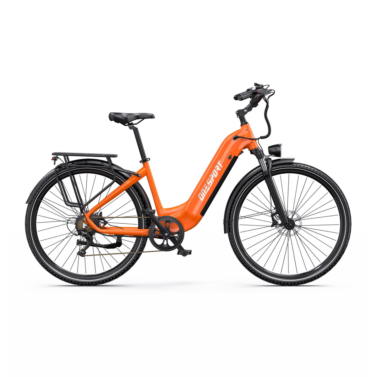 OneSport OT05 Max, orange electric bicycle with low step-through frame, seen from the side