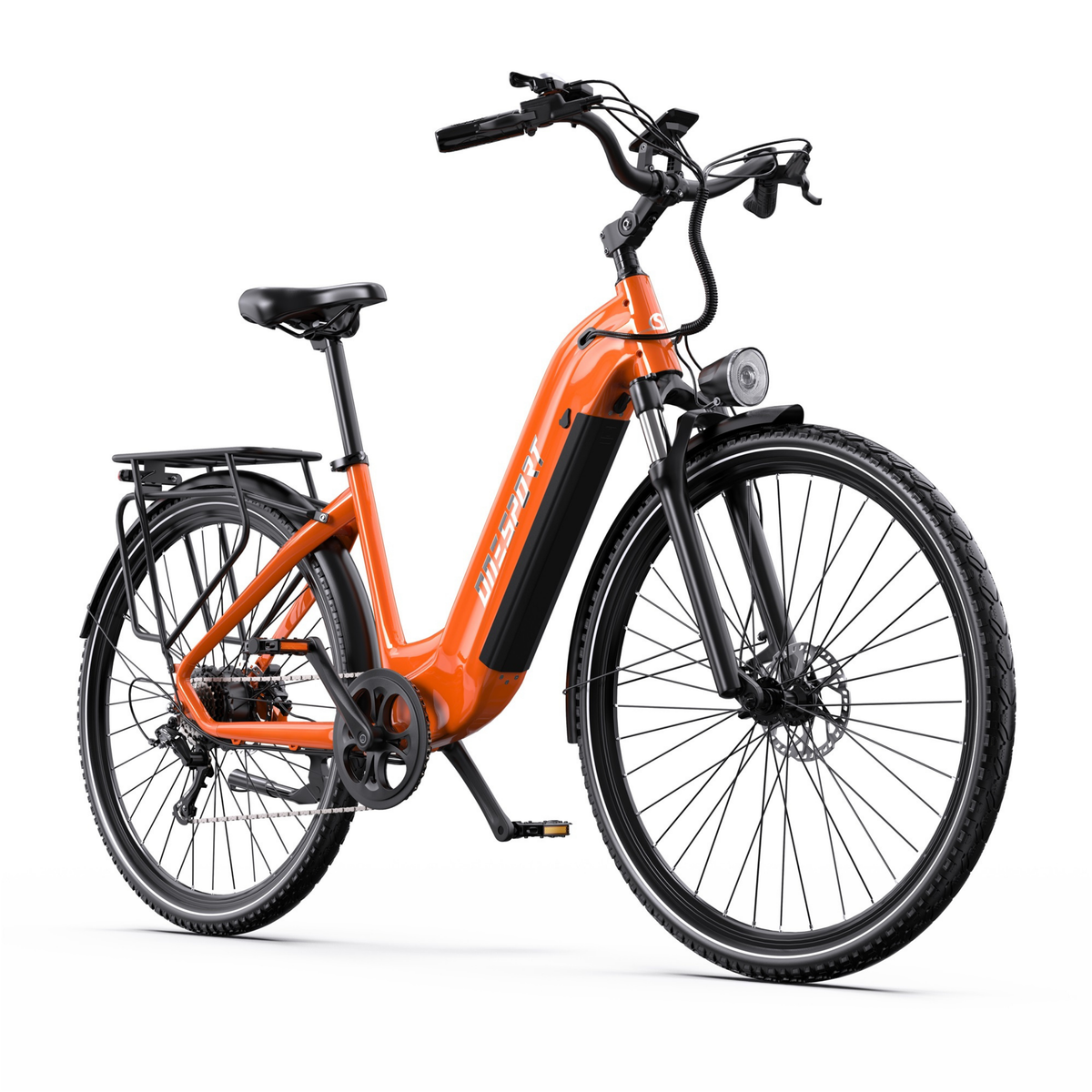 OneSport OT05 Max, orange electric bicycle seen from the front three-quarter with battery in the frame