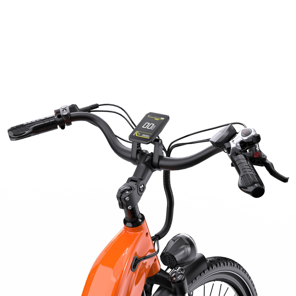 OneSport OT05 Max, close-up of handlebar with display and front light