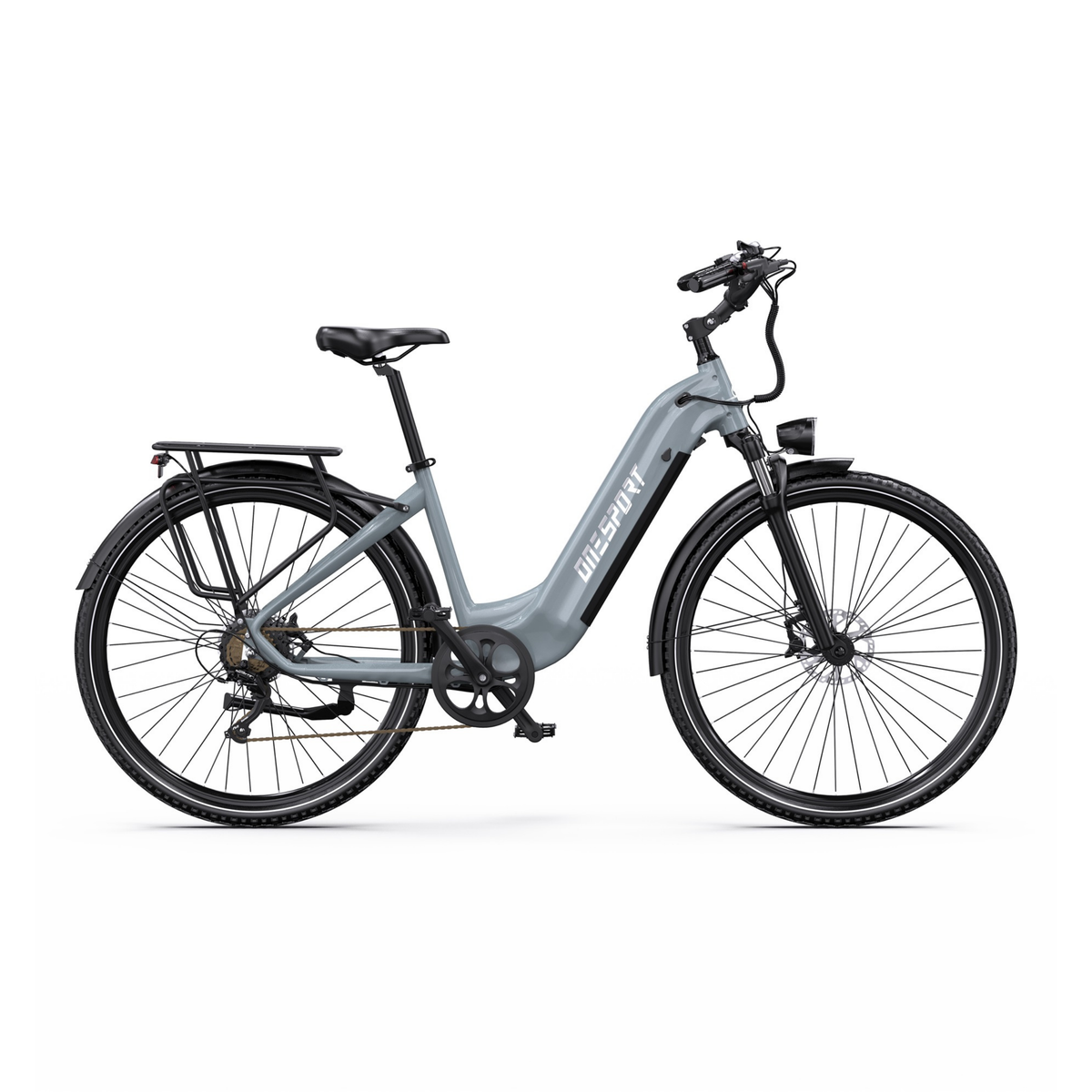 OneSport OT05 Max grey electric bicycle with low step-through frame, side view