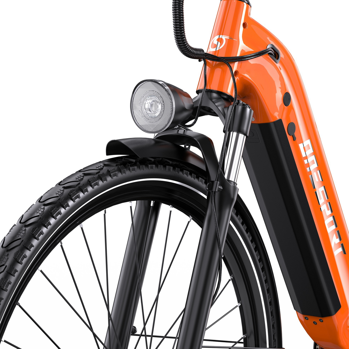 Close-up of OneSport OT05 Max with orange frame, battery on the frame, headlight and front mudguard