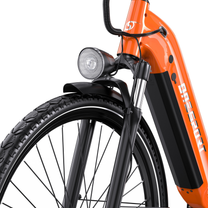 Close-up of OneSport OT05 Max with orange frame, battery on the frame, headlight and front mudguard