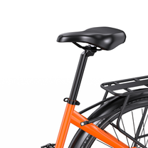 OneSport OT05 Max, close-up of black saddle, seatpost, orange frame and rear rack