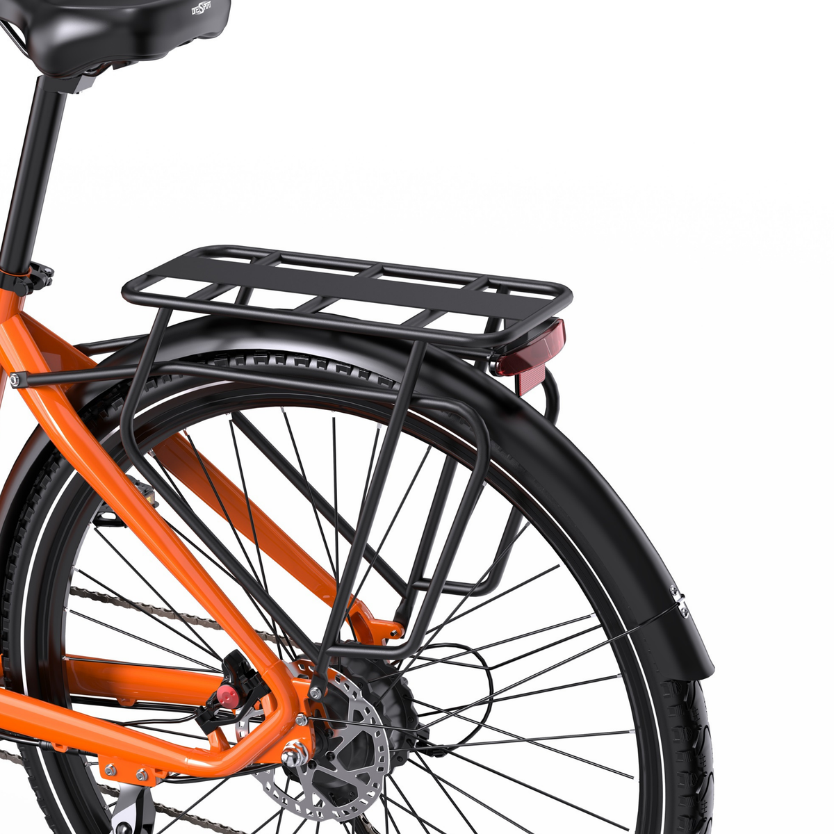 OneSport OT05 Max, rear wheel with black rear rack, red rear light, mudguard and disc brake