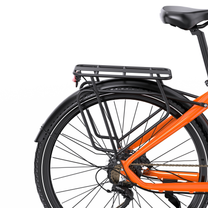 OneSport OT05 Max seen from behind in close-up with black rear rack, mudguard and orange frame
